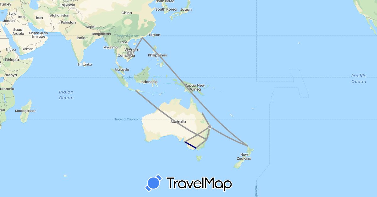 TravelMap itinerary: driving, plane in Australia, Hong Kong, Indonesia, New Zealand, Vietnam (Asia, Oceania)